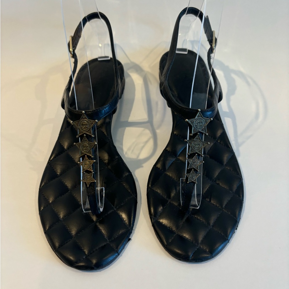 Chanel 2014 quilted sandals star gold logo black size 37.5